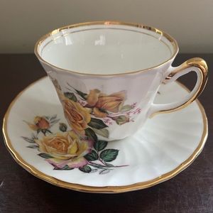 Vintage Royal Ardalt Cup Saucer English Bone China Yellow Roses with Gold Trim